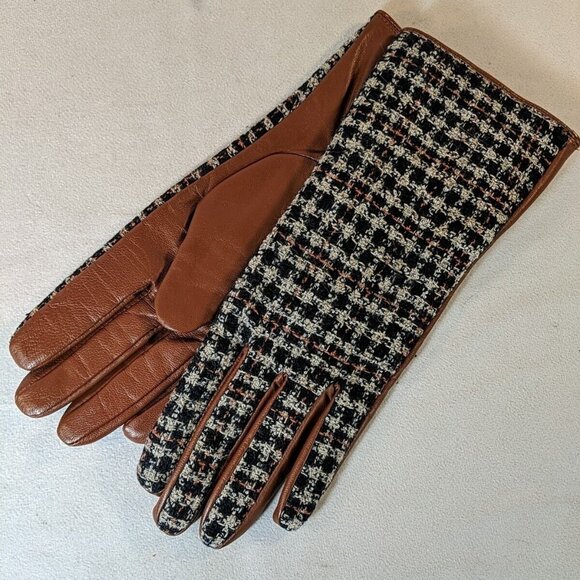Kenneth Cole Leather Wool Gloves Brown Plaid Tweed Black Women's M Medium Lined - Picture 1 of 10